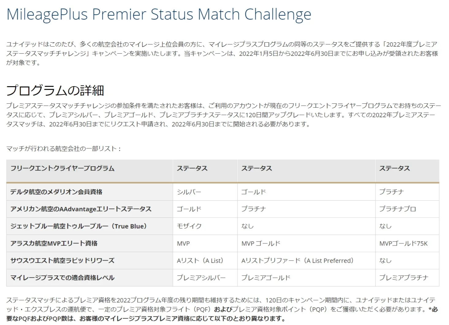 ユナイテッド航空のステータスマッチ案内（2022年）